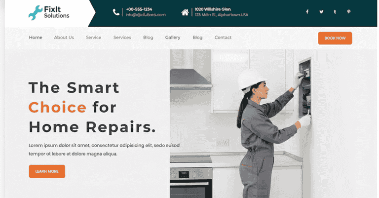Female home repair technician working on an electrical panel in a modern kitchen, representing home services and handyman website template design.