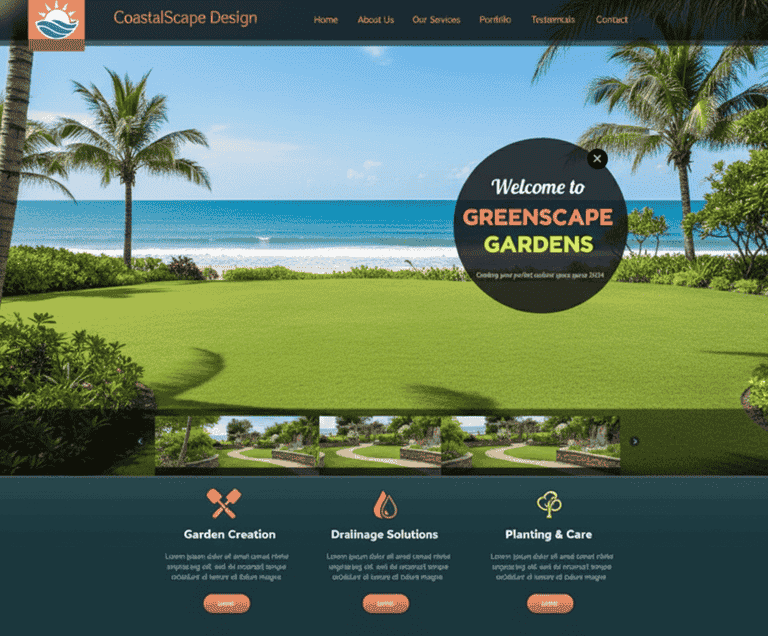 Screenshot of a professional landscaper website template featuring a coastal lawn design, service sections for garden creation, drainage solutions, and planting and care.