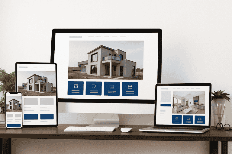 Responsive website design mockup showing a modern small business website displayed on desktop, laptop, tablet, and mobile devices on a clean workspace.
